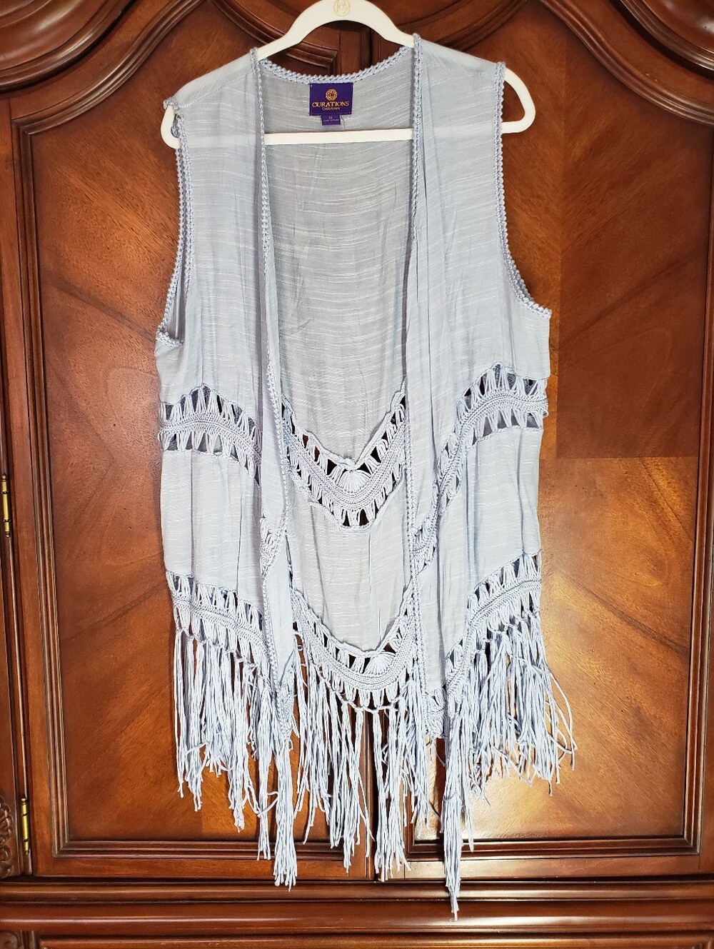 Curations Light Blue Open Front Crochet Vest With Fringe